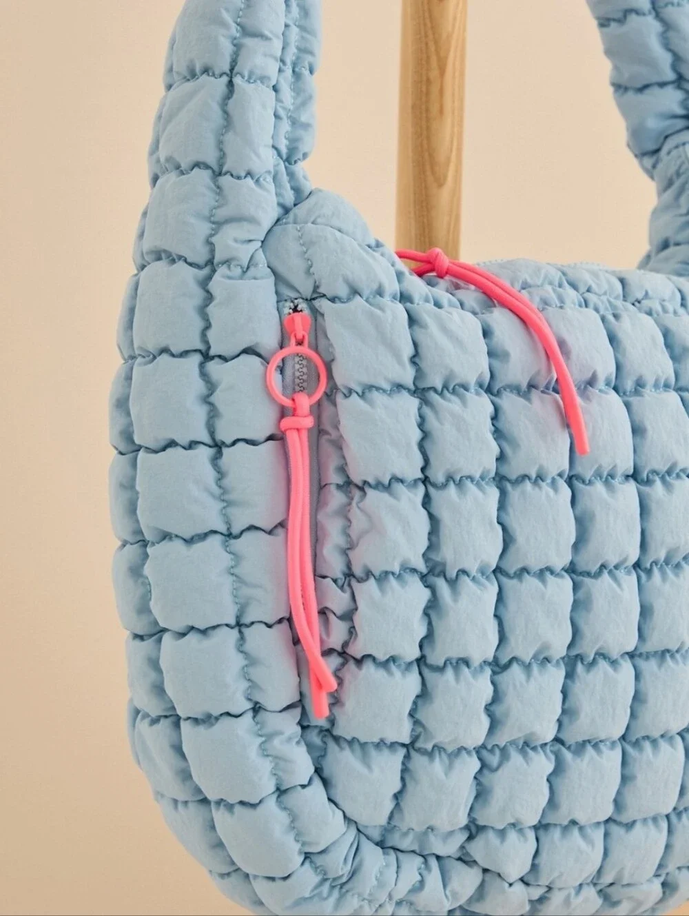 As Revival Carry All Quilted Puffer Hobo Bag in Light Blue with Neon Pink Accent